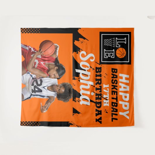 Basketbal verjaardag, basketbalspeler achtergronde wandkleed (Voorkant (horizontaal))