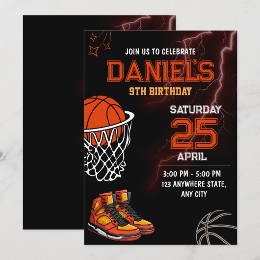 Basketbal Verjaardag Uitnodiging Bewerkbaar Basket (Voorkant / Achterkant)