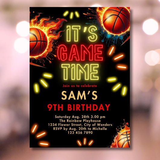 Basketbal Verjaardag Uitnodiging Jongens Neon Game