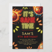 Basketbal Verjaardag Uitnodiging Jongens Neon Game (Voorkant)