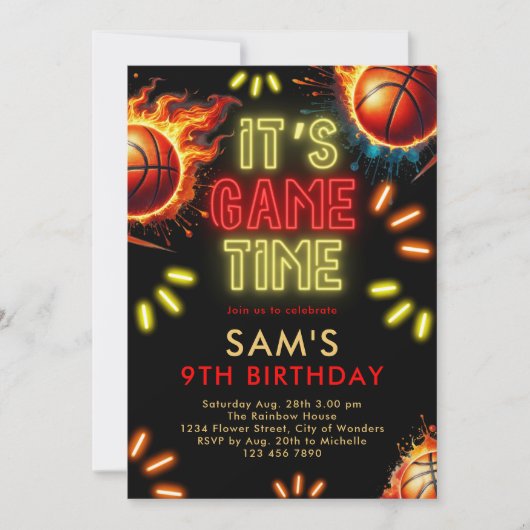 Basketbal Verjaardag Uitnodiging Jongens Neon Game (Voorkant)