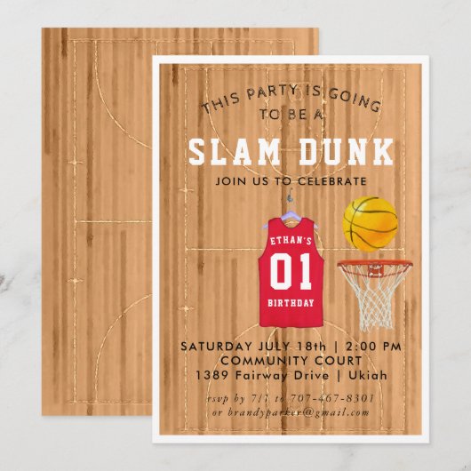 Basketbal verjaardagsfeest uitnodiging (Voorkant / Achterkant)