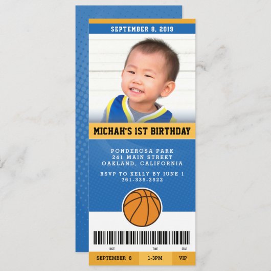 Basketbal verjaardagsfeest uitnodiging (blauw en g (Voorkant / Achterkant)