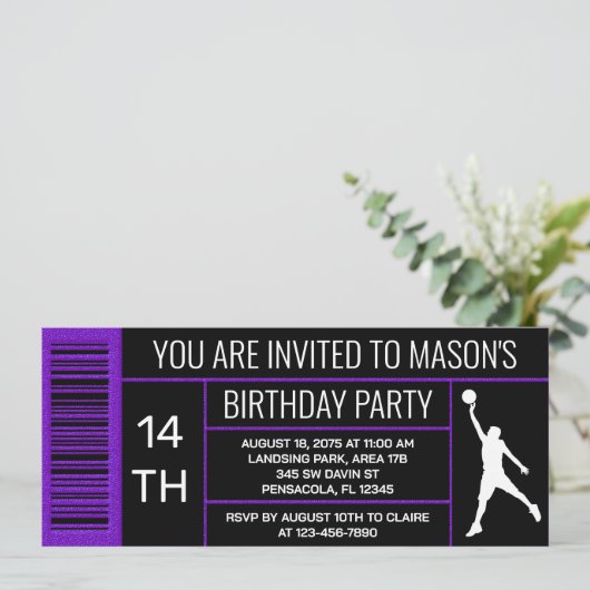 Basketbal Verjaardagsfeestje Paarse schoenendoos l Kaart (Staand voorkant)