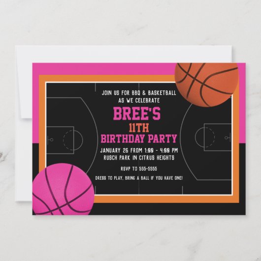 Basketbal Verjaardagsfeestje Zwart Roze & Sinaasap Kaart (Voorkant)