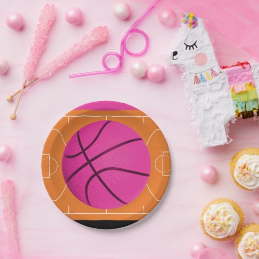 Basketbal Verjaardagsfeestje Zwart Roze & Sinaasap Papieren Bordje (Feest)