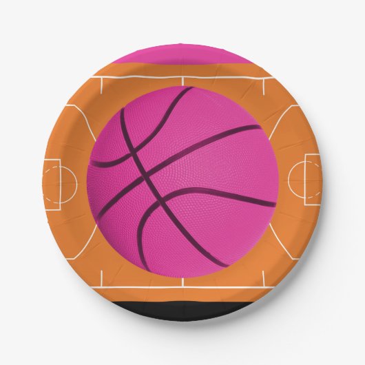Basketbal Verjaardagsfeestje Zwart Roze & Sinaasap Papieren Bordje (Voorkant)