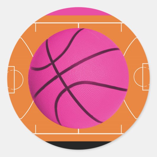 Basketbal Verjaardagsfeestje Zwart Roze & Sinaasap Ronde Sticker (Voorkant)