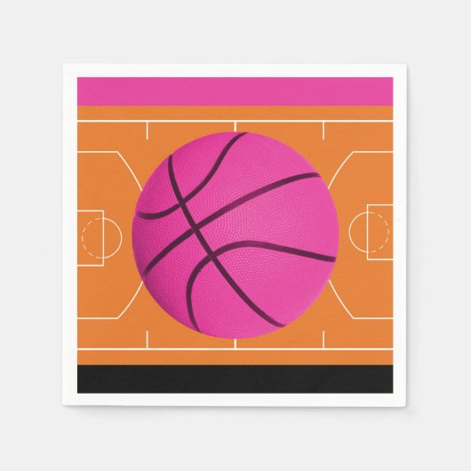 Basketbal Verjaardagsfeestje Zwart Roze & Sinaasap Servetten (Voorkant)