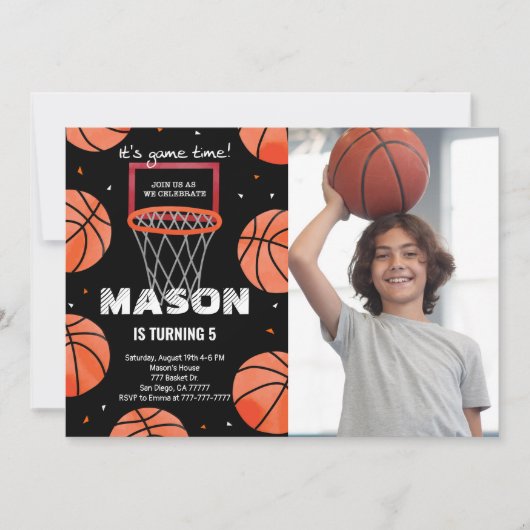 Basketbal Verjaardagsfoto Uitnodiging (Voorkant)
