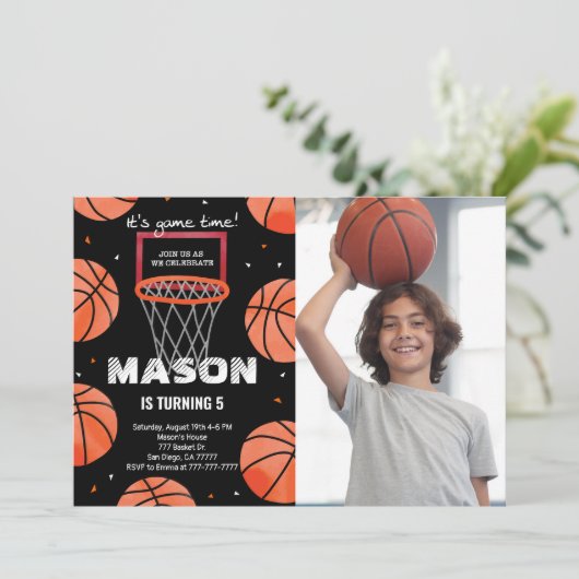 Basketbal Verjaardagsfoto Uitnodiging (Staand voorkant)