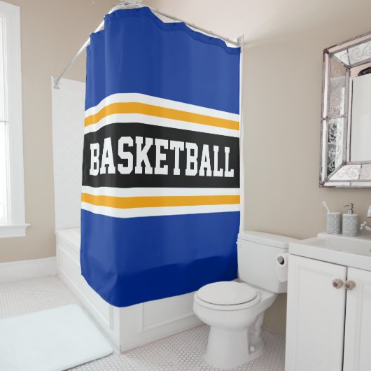 BASKETBAL Vet Blauw Zwart Geel Racing Stripes Douchegordijn (In situ)