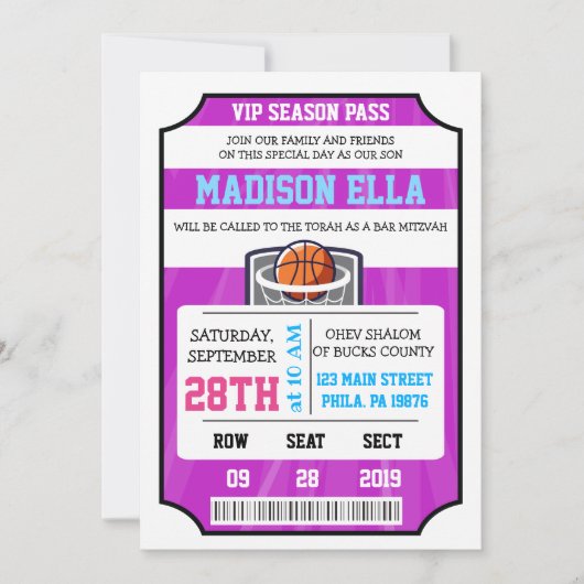 BASKETBAL VIP TICKET Bar Mitswa Uitnodiging (Voorkant)