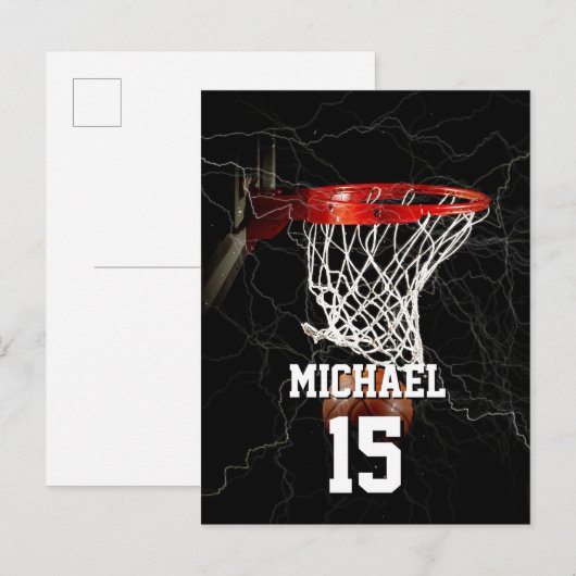 Basketbal Voeg Jouw naam & Nummer Pop Art Uitnodiging Briefkaart (Voorkant / Achterkant)