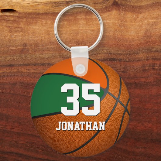 basketbal voor jongens oranje en groene teamkleure sleutelhanger (Voorkant)
