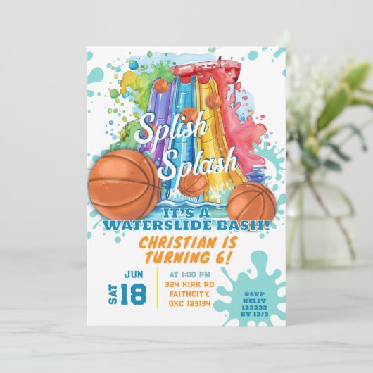Basketbal Waterslide Pool Verjaardagsfeest Kaart (Staand voorkant)