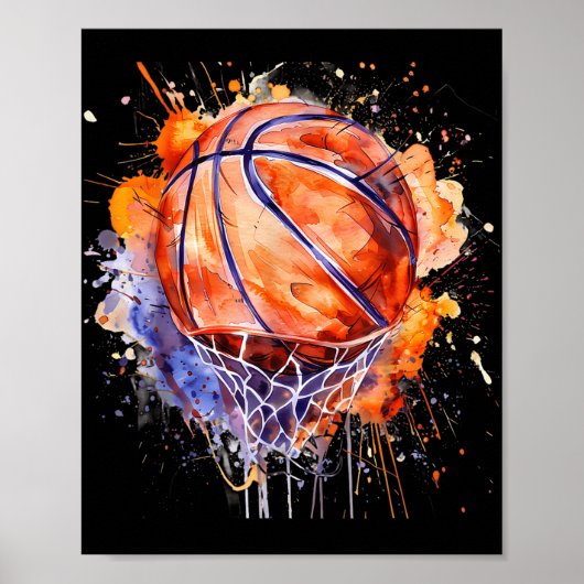 Basketbal Waterverf Kunstwerk Basketbal Hoop Colo Poster (Voorkant)