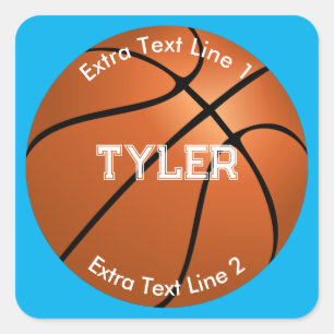 Basketbal, Witte Naam, 2 Tekstregels, Hemelblauw Vierkante Sticker