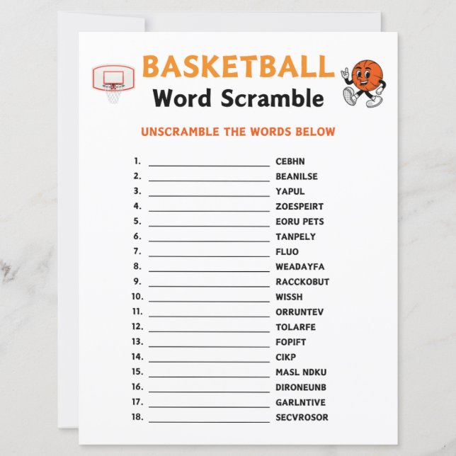 Basketbal Woord Ontscramble Spel (Voorkant)