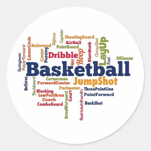 Basketbal Word Cloud Ronde Sticker (Voorkant)