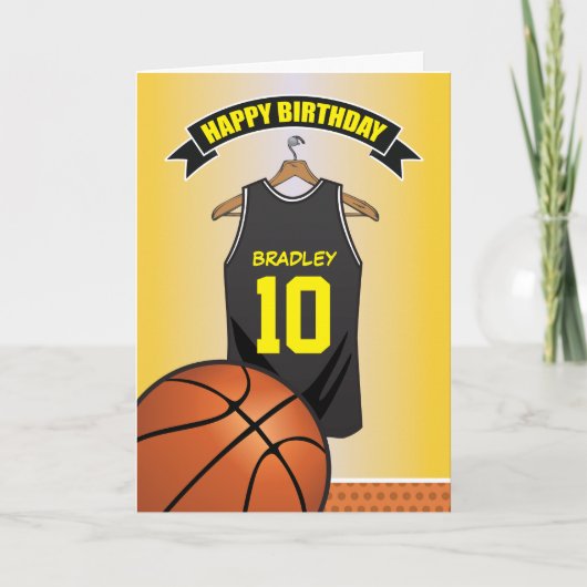 Basketbal zwart geel shirt verjaardag kaart (Voorkant)
