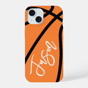 Basketbal zwart oranje aangepaste naam iPhone 15 case