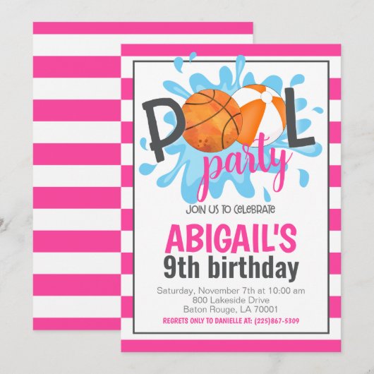 Basketbal Zwembad Party Verjaardag uitnodiging (Voorkant / Achterkant)
