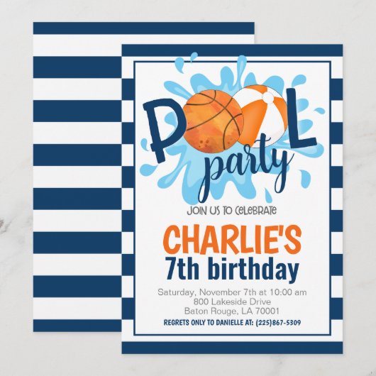 Basketbal Zwembad Party Verjaardag uitnodiging (Voorkant / Achterkant)