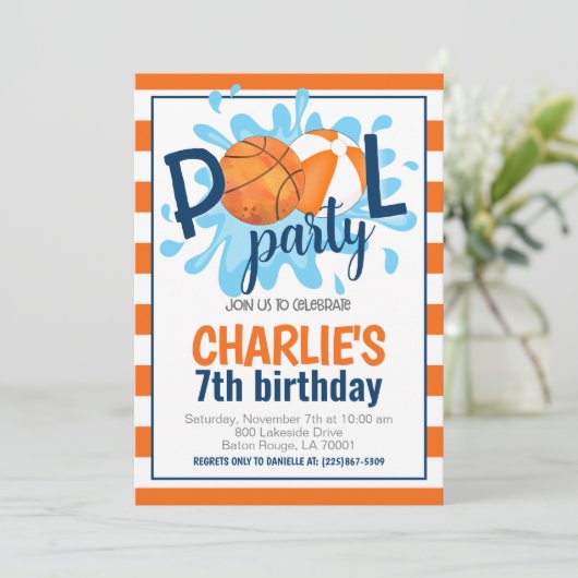 Basketbal Zwembad Party Verjaardag uitnodiging (Staand voorkant)