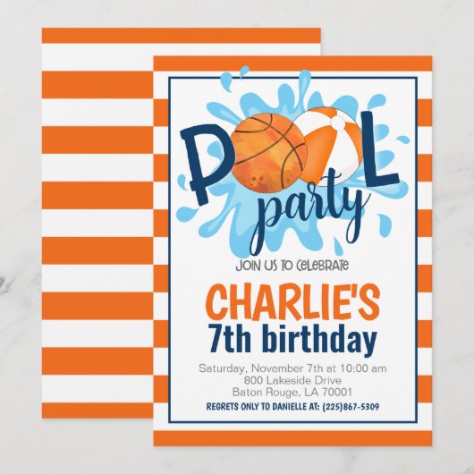 Basketbal Zwembad Party Verjaardag uitnodiging (Voorkant / Achterkant)