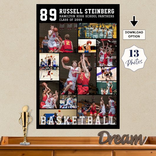 Basketball 13 Photo Collage Player Name Number Poster