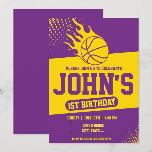 Basketball 1e verjaardag Uitnodiging (Voorkant / Achterkant)