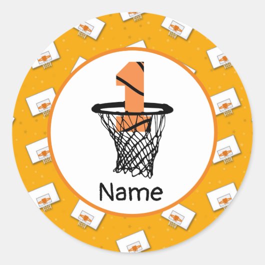 Basketball 1st Birthday met nummer in mini-hoepel Ronde Sticker (Voorkant)