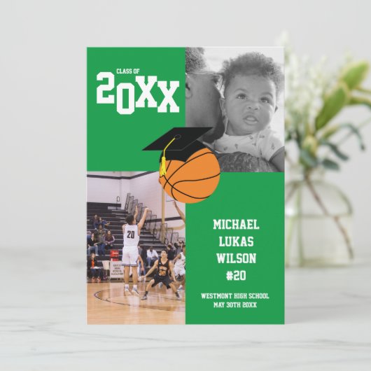 Basketball Afstuderen Sportgroene aankondiging (Staand voorkant)