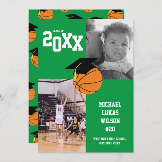 Basketball Afstuderen Sportgroene aankondiging (Voorkant / Achterkant)