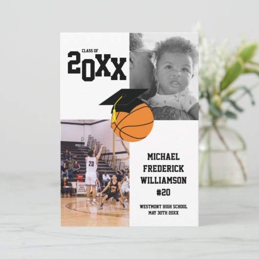 Basketball Afstuderen Sports Black and White Kaart (Staand voorkant)