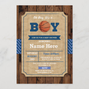 Basketball Baby shower Oh Boy Blue Wood Invite Kaart