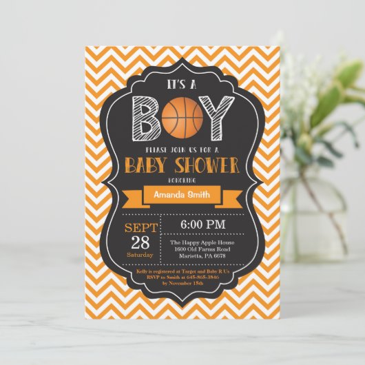 Basketball Baby shower Uitnodiging Sinaasappel Che (Staand voorkant)