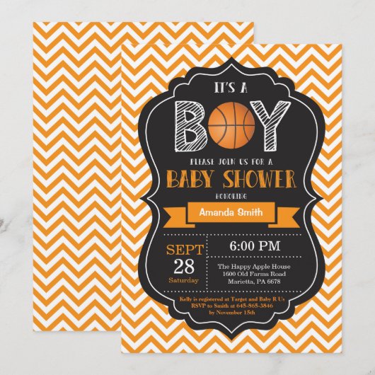 Basketball Baby shower Uitnodiging Sinaasappel Che (Voorkant / Achterkant)