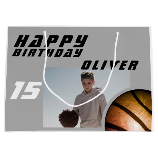 Basketball Ball Boy FotoHappy Birthday Groot Cadeauzakje (Voorkant)