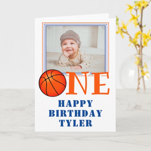 Basketball Ball ONE Kids Photo 1st Birthday Kaart (Gele Bloem)