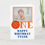 Basketball Ball ONE Kids Photo 1st Birthday Kaart<br><div class="desc">Basketball Ball ONE Kids Photo 1st Birthday Card. Cute boy`s basketball birthday card for the 1st birthday. The design has a basketball ball in word ONE. Add your child`s name,  photo,  and message inside or erase it.</div>