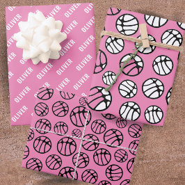 Basketball Ball Patroon Roze Naam Inpakpapier Vel