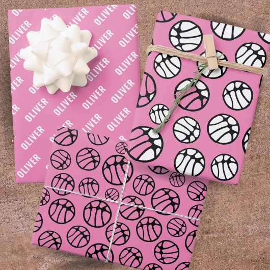 Basketball Ball Patroon Roze Naam Inpakpapier Vel