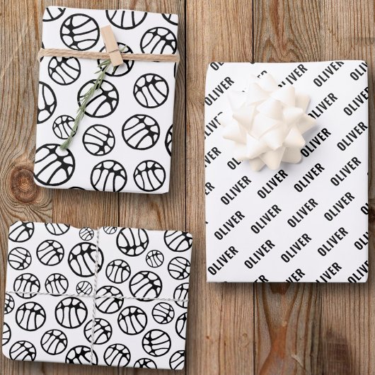 Basketball Ball Pattern Black and White Name Inpakpapier Vel