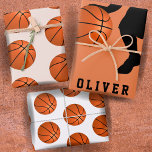 Basketball Ball Player Kinder naam Birthday Inpakpapier Vel<br><div class="desc">Basketball Ball Pattern en Black Player Silhouette Kinder Name Birthday Wrapping Paper Sheets. Personaliseer met jouw naam of verwijder de tekst.</div>