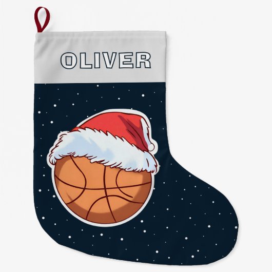 Basketball Ball Red Santa Hat Name Grote Kerstsok (Voorkant)