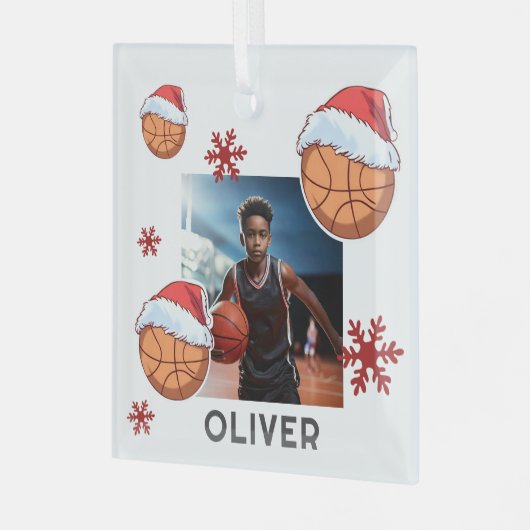 Basketball Ball Santa Hat Name Photo Christmas Glas Ornament (Voorkant links)