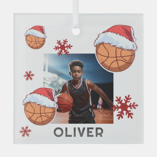 Basketball Ball Santa Hat Name Photo Christmas  Glas Ornament (Voorkant)