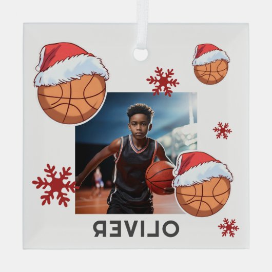 Basketball Ball Santa Hat Name Photo Christmas  Glas Ornament (Achterkant)